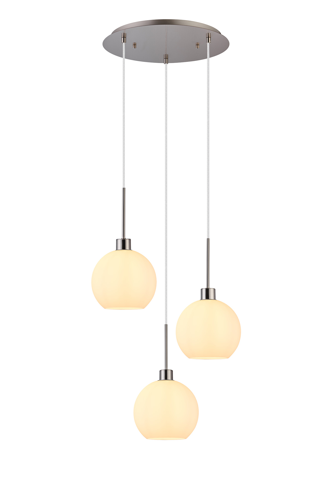 DK1366  Lori 40cm Round Pendant, 3 Light Adjustable E27, Satin Nickel/Opal Open Mouth Round Globe Shades